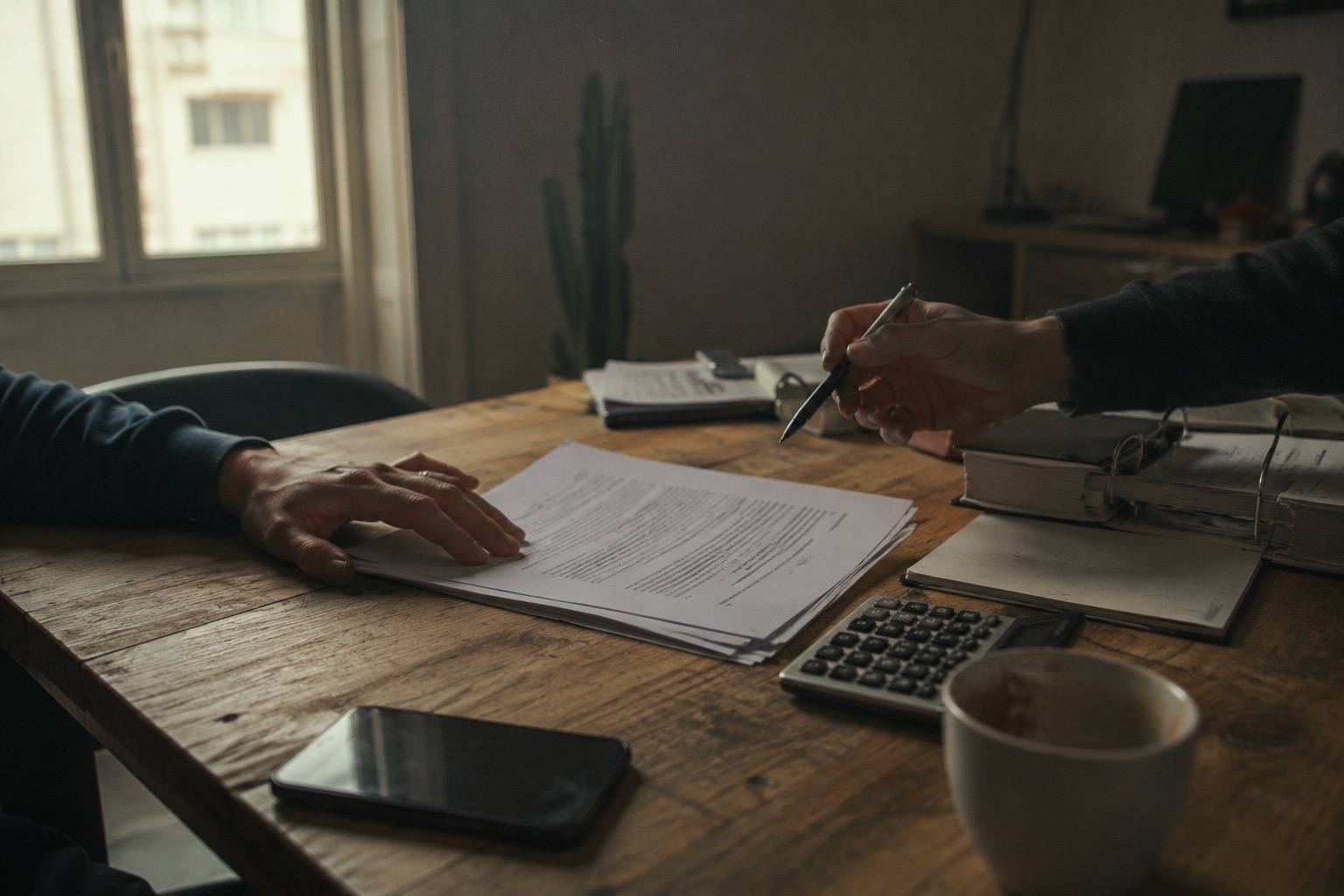Dos personas repasando un contrato impreso sobre una mesa de madera, con una calculadora, un café y archivadores al lado, junto a una ventana.