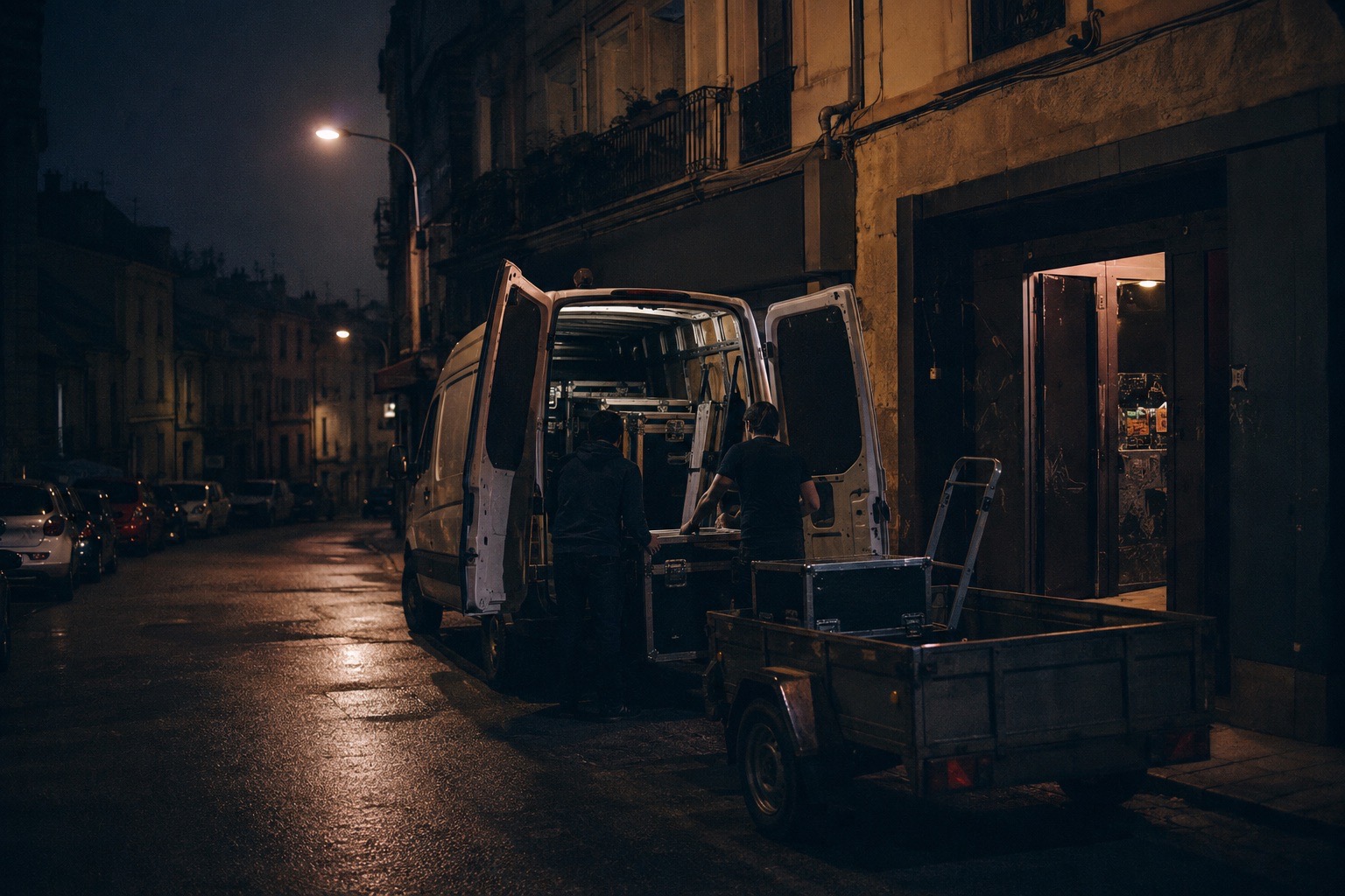 Una furgoneta de gira con remolque aparcada de noche en una calle estrecha, con las puertas traseras abiertas y dos personas sacando cajas de material hacia la puerta iluminada de una sala.